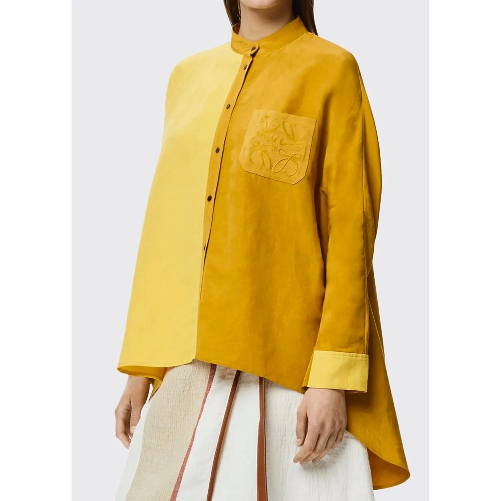 Loewe Yellow Two Tone Oversized Embroidered Linen Silk Blouse Shirt Cape FR 32